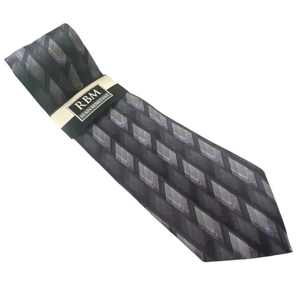 RBM Collection Neck Tie Black Silver Blue Geometric 60x4 Silk Imported New - Picture 1 of 7